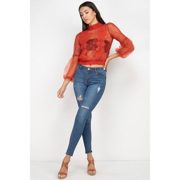 Lace Trim Balloon Sleeve Smocked Top - Picture 2 of 8